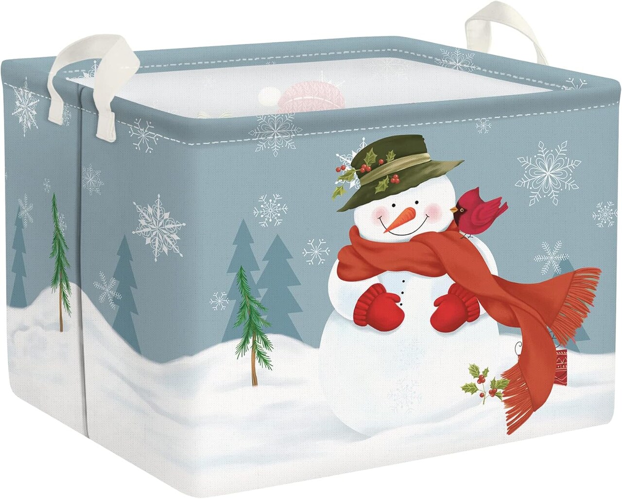 Rectangular Snowman Christmas Basket Large Blue Winter Snowflake Shelf Basket Clothes Toy Book Gift Nursery Basket Collapsible Wrap Ornament Storage